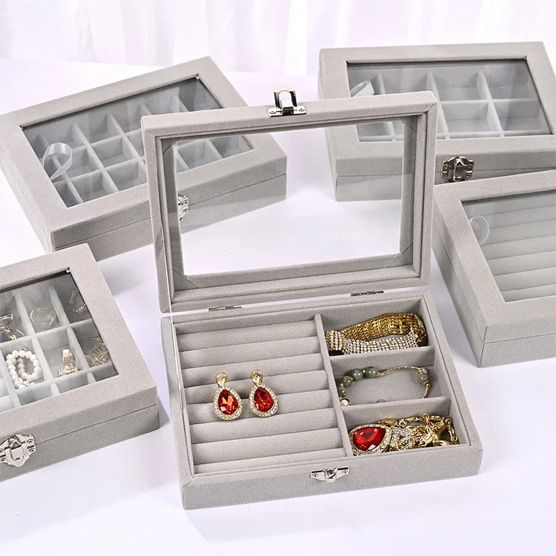 Velvet Carrying Case With Glass Cover Jewelry Ring Display Box Tray Holder Storage Box Organizer Earrings Bracelet Showcase