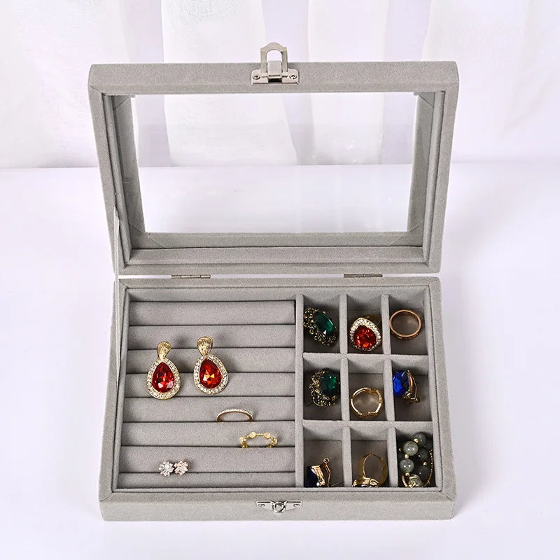 Velvet Carrying Case With Glass Cover Jewelry Ring Display Box Tray Holder Storage Box Organizer Earrings Bracelet Showcase