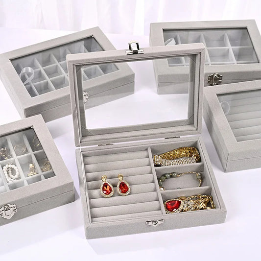 Velvet Carrying Case With Glass Cover Jewelry Ring Display Box Tray Holder Storage Box Organizer Earrings Bracelet Showcase