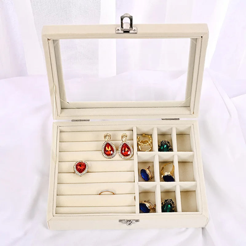 Velvet Carrying Case With Glass Cover Jewelry Ring Display Box Tray Holder Storage Box Organizer Earrings Bracelet Showcase